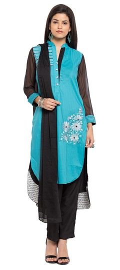 491320 Blue  color family Party Wear Salwar Kameez in Cotton fabric with Machine Embroidery,Thread work .