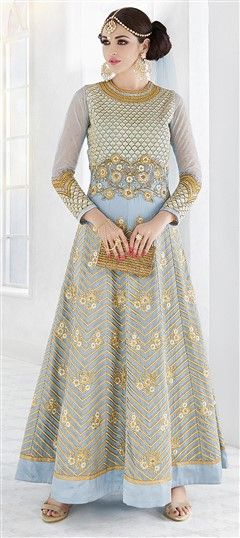 491558 Blue  color family Anarkali Suits in Georgette fabric with Machine Embroidery,Stone,Thread,Zari work .