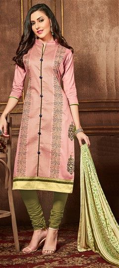 Casual Pink and Majenta color Salwar Kameez in Cotton fabric with Straight Embroidered, Lace, Resham, Thread work : 492438