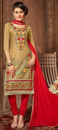 493383 Beige and Brown  color family Cotton Salwar Kameez, Party Wear Salwar Kameez in Cotton fabric with Lace, Machine Embroidery, Resham, Thread work .