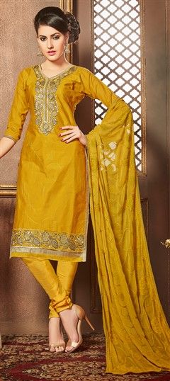 Party Wear Yellow color Salwar Kameez in Cotton fabric with Straight Embroidered, Resham, Thread work : 493386