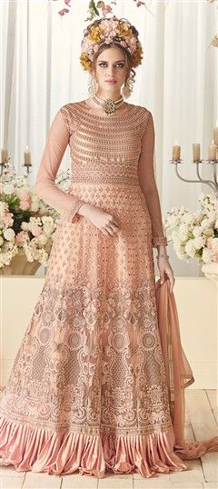 493448 Beige and Brown  color family Party Wear Salwar Kameez in Net fabric with Machine Embroidery, Resham, Thread, Zari work .