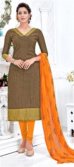 Party Wear Beige and Brown color Salwar Kameez in Banarasi Silk fabric with Straight Thread work : 494393