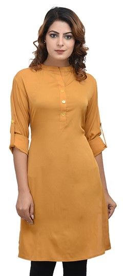 498769 Beige and Brown  color family Kurti in Crepe Silk fabric with Thread work .