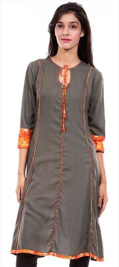 Casual Black and Grey color Kurti in Cotton fabric with Thread work : 499504