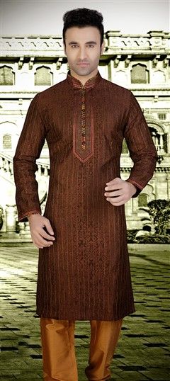 Beige and Brown color Kurta Pyjamas in Banarasi Silk, Silk fabric with Lace, Resham, Thread work : 500141