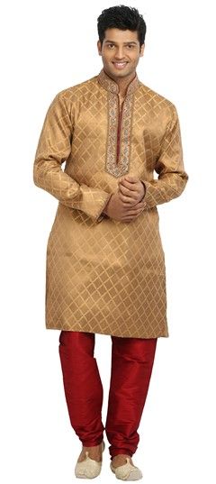 Beige and Brown color Kurta Pyjamas in Jacquard fabric with Embroidered, Lace, Sequence, Stone work : 500431