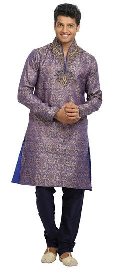 500461: Beige and Brown, Blue color Kurta Pyjamas in Silk fabric with Embroidered, Kasab, Sequence, Stone work