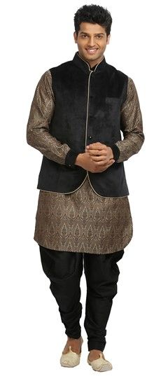 500468: Beige and Brown, Black and Grey color Kurta Pyjama with Jacket in Jacquard, Silk fabric with Thread work