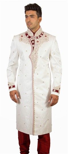White and Off White color Sherwani in Jacquard fabric with Bugle Beads, Stone, Thread, Zardozi work : 501275