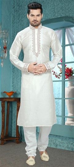 501870: White and Off White color Kurta Pyjamas in Art Silk fabric with Thread work