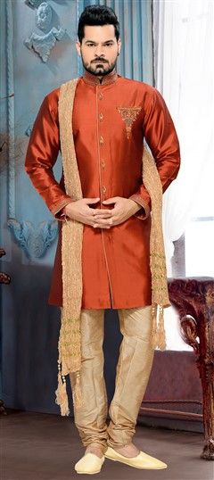501924: Orange color Sherwani in Satin Silk, Silk fabric with Embroidered, Patch work