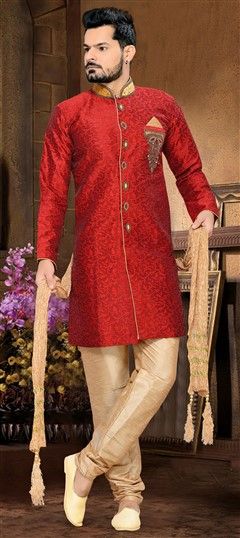 501946: Red and Maroon color Sherwani in Jacquard fabric with Patch, Stone work