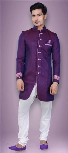 502447: Purple and Violet color IndoWestern Dress in Brocade, Silk fabric with Embroidered, Resham, Thread work