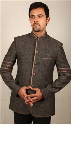 Casual Black and Grey color Jodhpuri Suit in Cotton, Jute fabric with Stone work : 502702