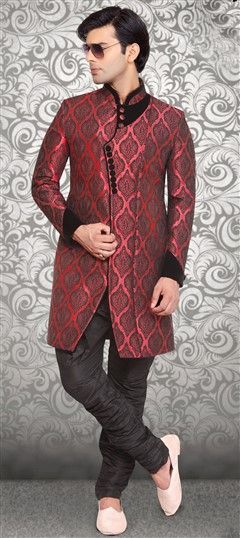 Red and Maroon color IndoWestern Dress in Brocade fabric with Thread work : 503149