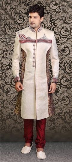 Beige and Brown color Sherwani in Brocade fabric with Patch, Stone, Thread work : 503350