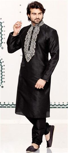 503909: Black and Grey color Kurta Pyjamas in Art Dupion Silk fabric with Stone, Thread work