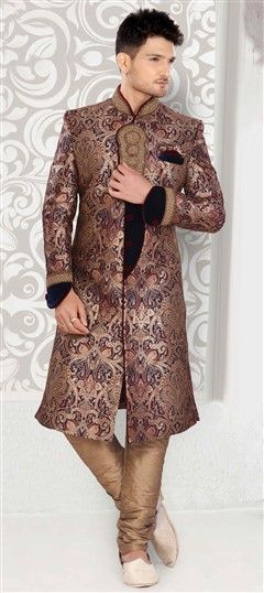 Blue color Sherwani in Brocade fabric with Patch, Thread work : 503939