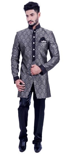 Black and Grey, Silver color IndoWestern Dress in Brocade fabric with Broches work : 504306