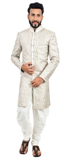 504341: White and Off White color IndoWestern Dress in Brocade, Linen fabric with Thread work