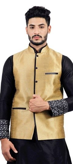 504369: Gold color Nehru Jacket in Raw Dupion Silk fabric with Thread work