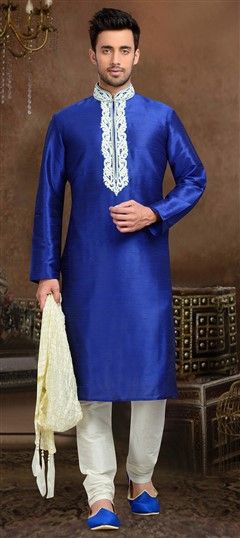 504773: Blue color Kurta Pyjamas in Art Dupion Silk fabric with Stone, Thread work