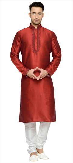 Red and Maroon color Kurta Pyjamas in Raw Dupion Silk fabric with Embroidered work : 505073
