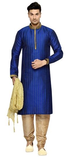 505084: Blue color Kurta Pyjamas in Raw Dupion Silk fabric with Thread work