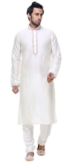 White and Off White color Kurta Pyjamas in Silk fabric with Thread work : 505284