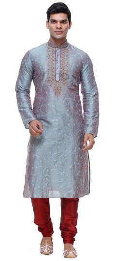 505295: Blue color Kurta Pyjamas in Silk fabric with Embroidered, Thread work