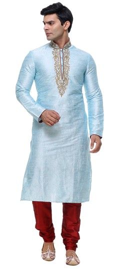 505297: Blue color Kurta Pyjamas in Silk fabric with Embroidered, Thread work