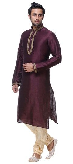 505300: Red and Maroon color Kurta Pyjamas in Silk fabric with Embroidered, Thread work