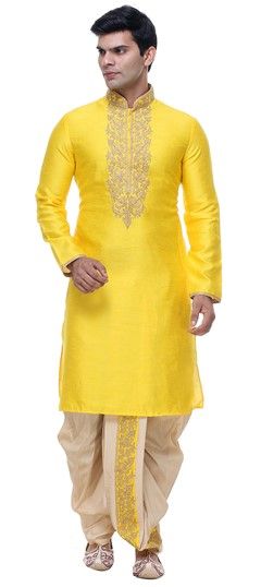 Yellow color Dhoti Kurta in Silk fabric with Embroidered, Thread work : 505328