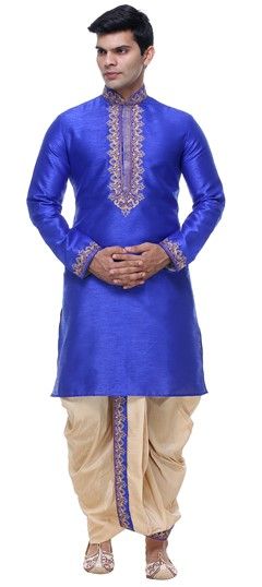 Blue color Dhoti Kurta in Silk fabric with Embroidered, Thread work : 505330