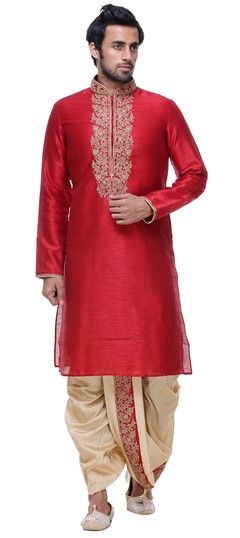 Red and Maroon color Dhoti Kurta in Silk fabric with Embroidered, Thread work : 505333