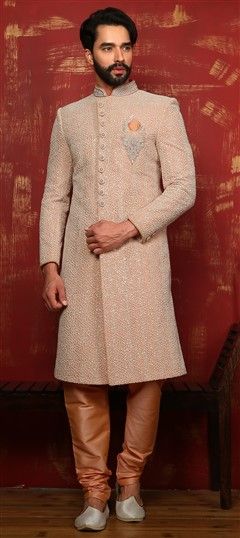 Beige and Brown color Sherwani in Net fabric with Embroidered, Thread work : 505848