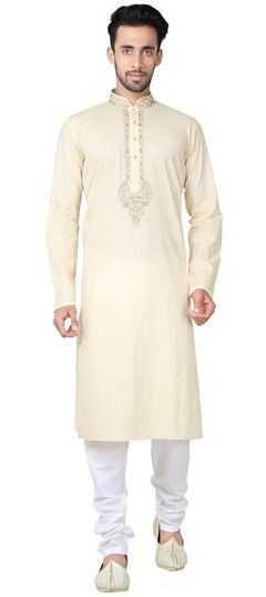 505959: Beige and Brown color Kurta Pyjamas in Cotton fabric with Embroidered work