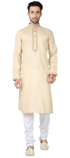 505960: Beige and Brown color Kurta Pyjamas in Cotton fabric with Embroidered work