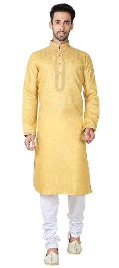 505962: Yellow color Kurta Pyjamas in Cotton fabric with Embroidered work