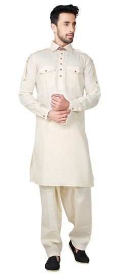 505984: Beige and Brown color Pathani Suit in Cotton, Linen fabric with Thread work