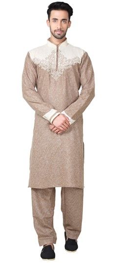 Beige and Brown color Pathani Suit in Cotton, Linen fabric with Thread work : 505986