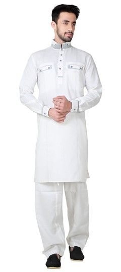 505991: White and Off White color Pathani Suit in Cotton, Linen fabric with Thread work