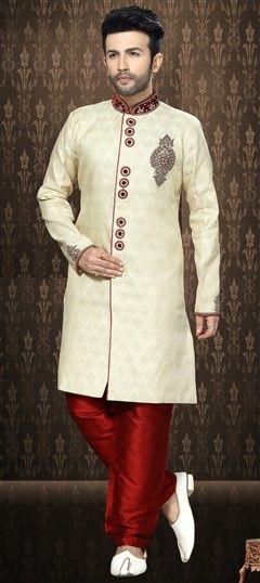 Beige and Brown color Sherwani in Jacquard fabric with Patch, Stone work : 506038