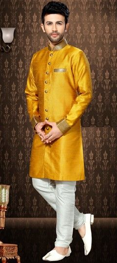 Gold color Sherwani in Silk fabric with Lace work : 506047