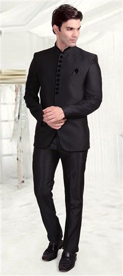 506204: Black and Grey color Jodhpuri Suit in Brocade fabric with Thread work