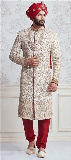 White and Off White color Sherwani in Silk fabric with Lace, Thread work : 506228