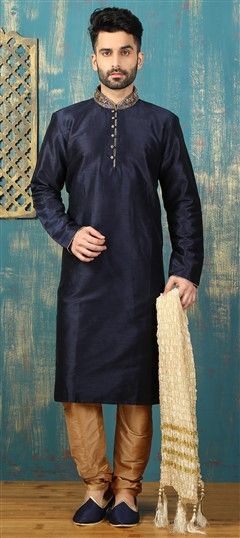 Blue color Kurta Pyjamas in Art Dupion Silk fabric with Embroidered, Thread work : 506362