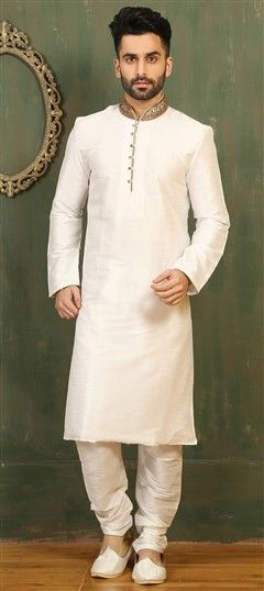 506363: White and Off White color Kurta Pyjamas in Art Dupion Silk fabric with Embroidered, Thread work
