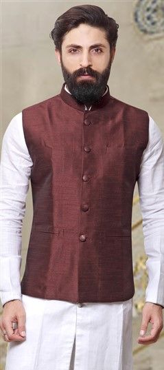 506453: Red and Maroon color Nehru Jacket in Silk fabric with Thread work